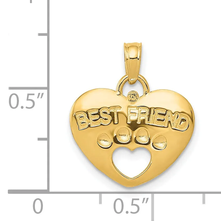 14K Yellow Gold Reversible Cut Out Paw Design BEST FRIEND on Heart Shape Charm Pendant