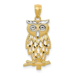 14k Yellow Gold White Rhodium Open Back Polished Diamond Cut Finish Owl On branch CharmPendant