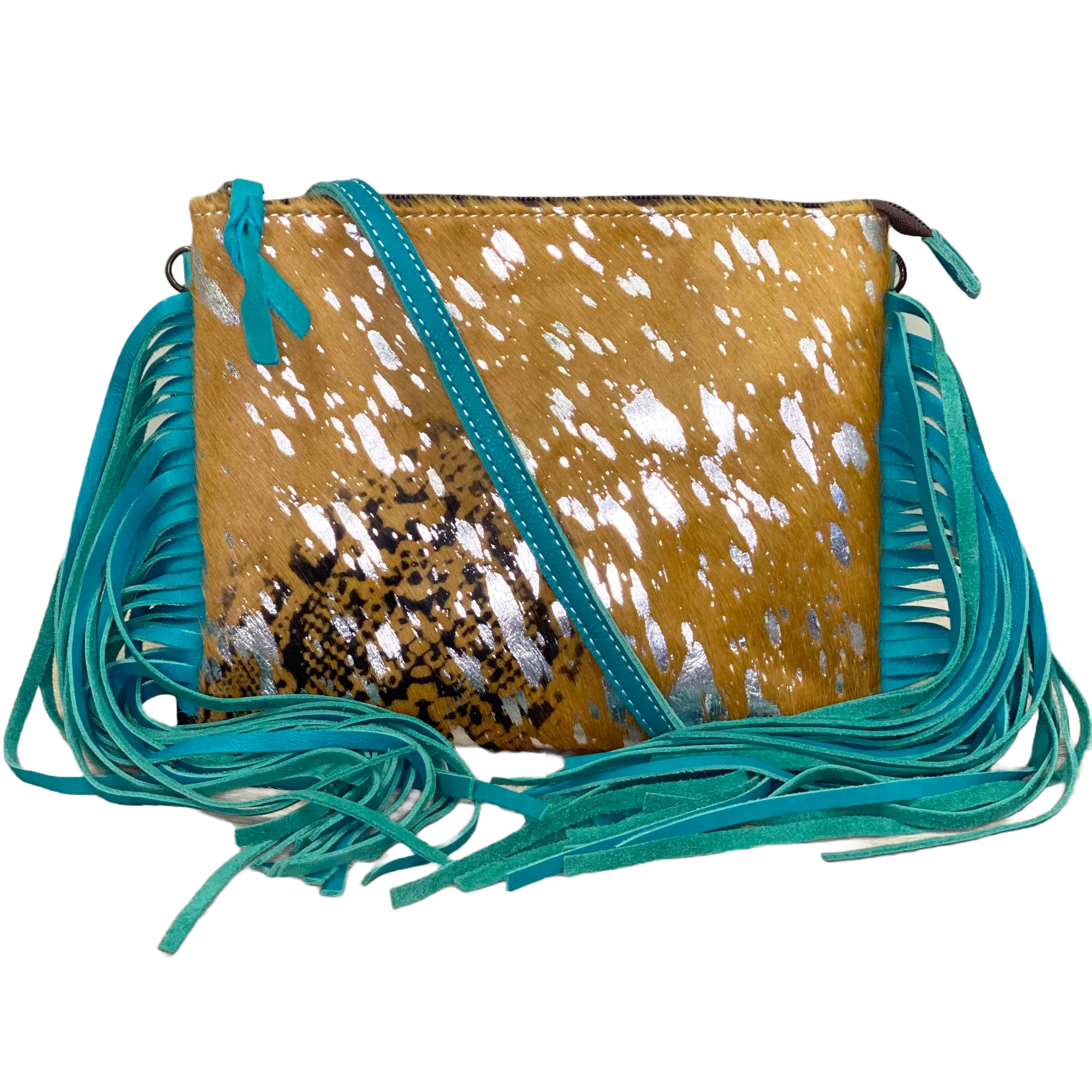 American Darling Brown Cowhide with Blue Fringe Crossbody ADBG109B