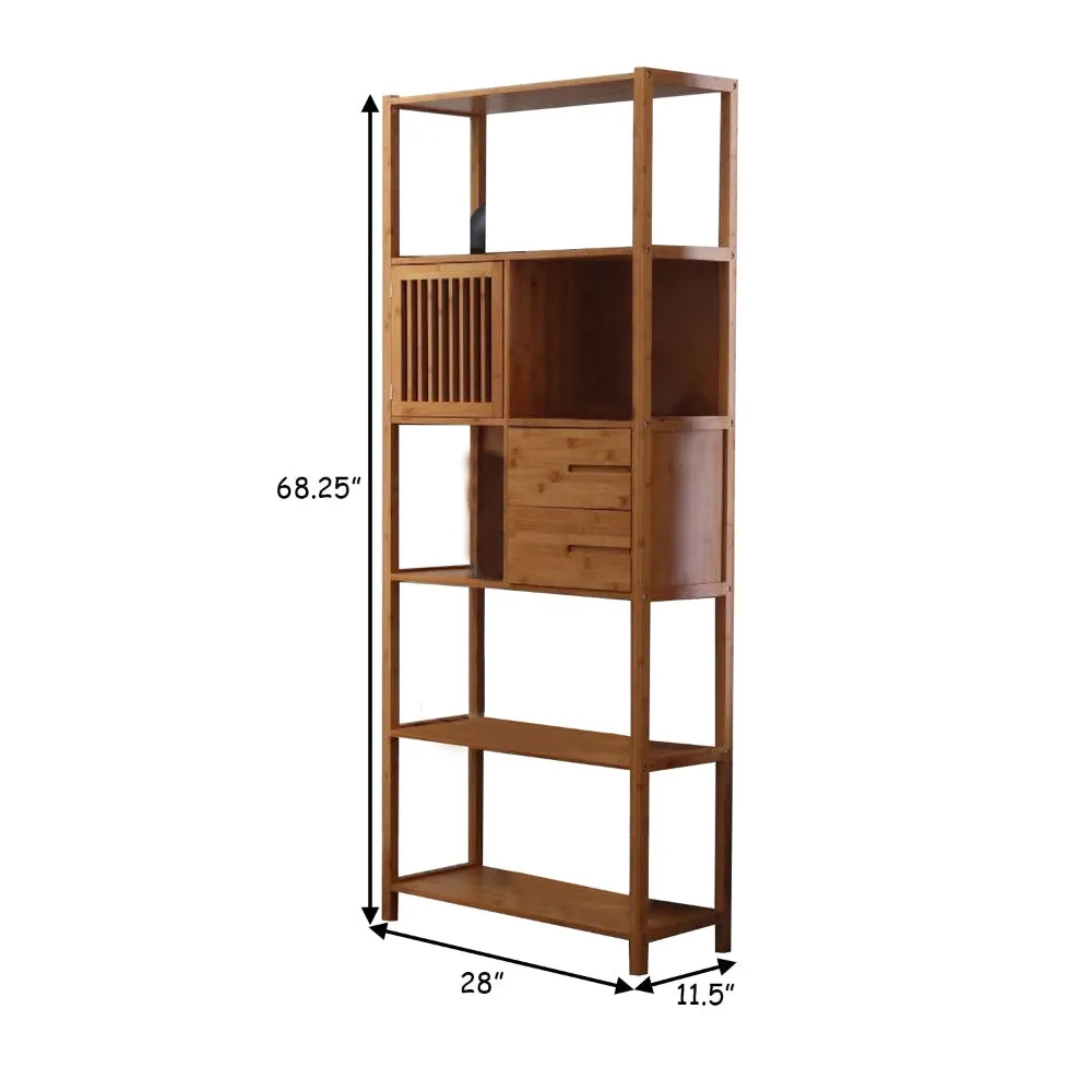 Axa 68 Inch Bamboo Left Facing Open Bookcase, 2 Cubbies, Shelves, Brown By Casagear Home