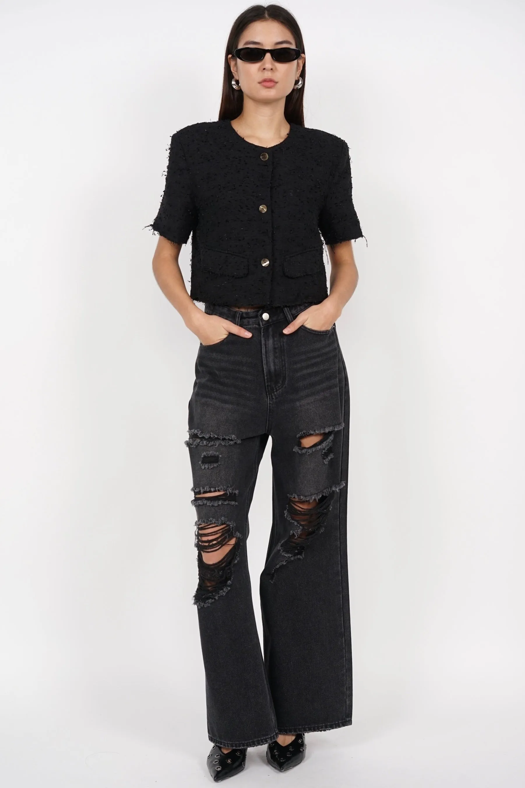 Baggy Ripped Jeans in Washed Black