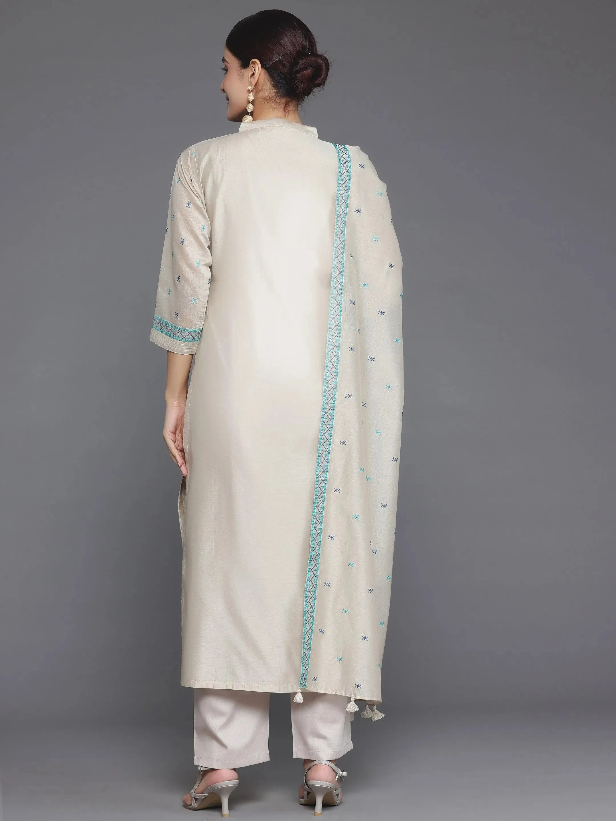 Beige Yoke Design Chanderi Silk Straight Suit With Dupatta