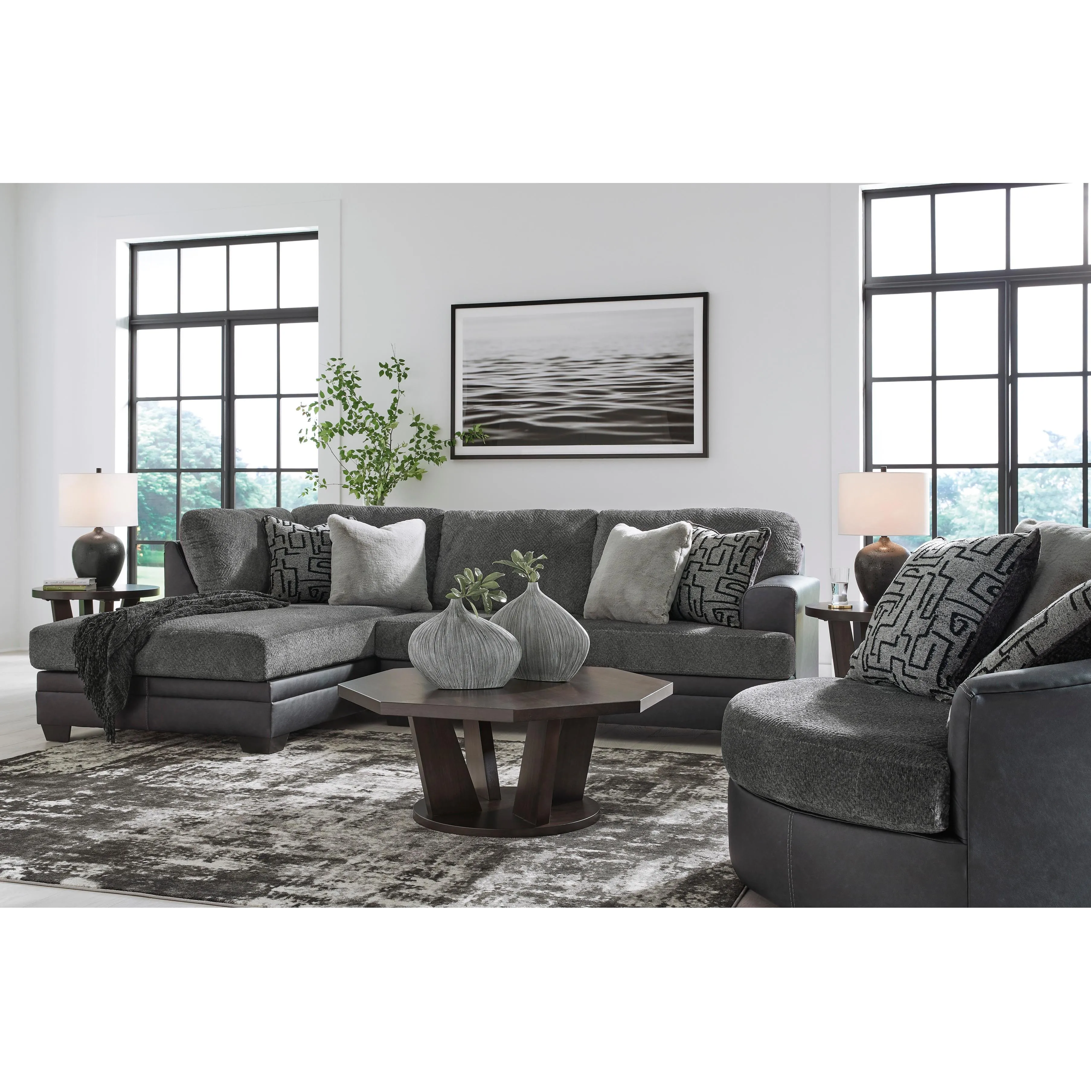 Benchcraft Brixley Pier Fabric and Leather Look 2 pc Sectional 2990616/2990667