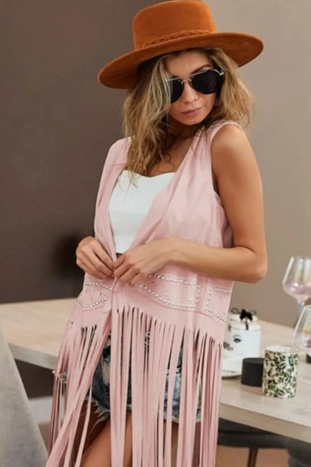 BiBi Star Stud With Long Fringe Detail Suede Vest