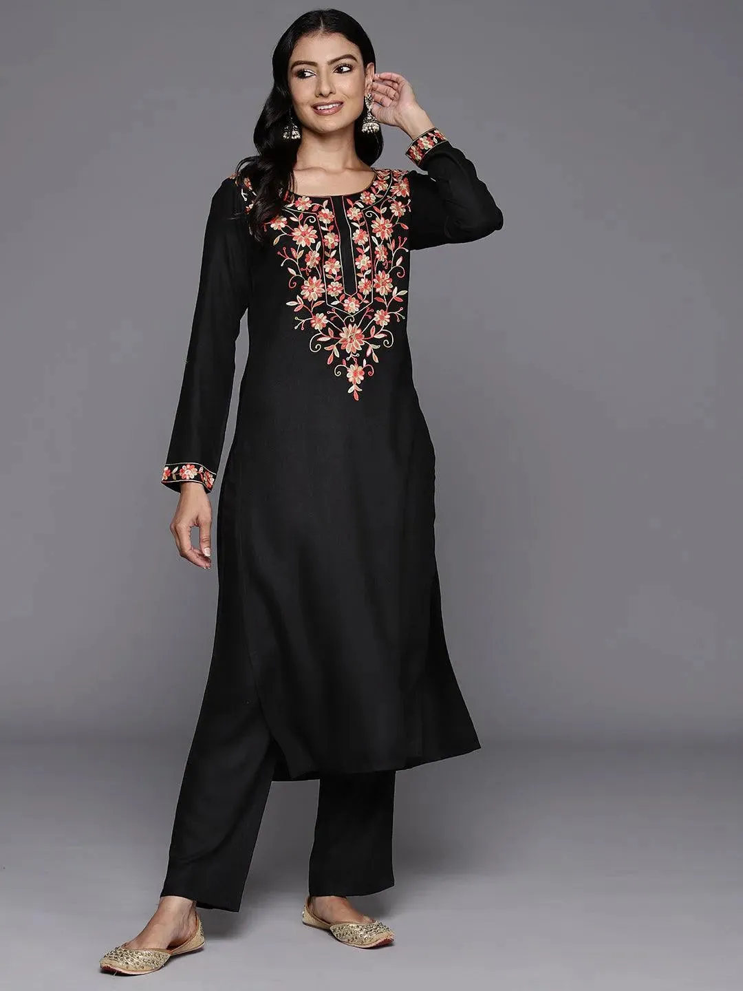 Black Yoke Design Wool Blend Straight Kurta Set