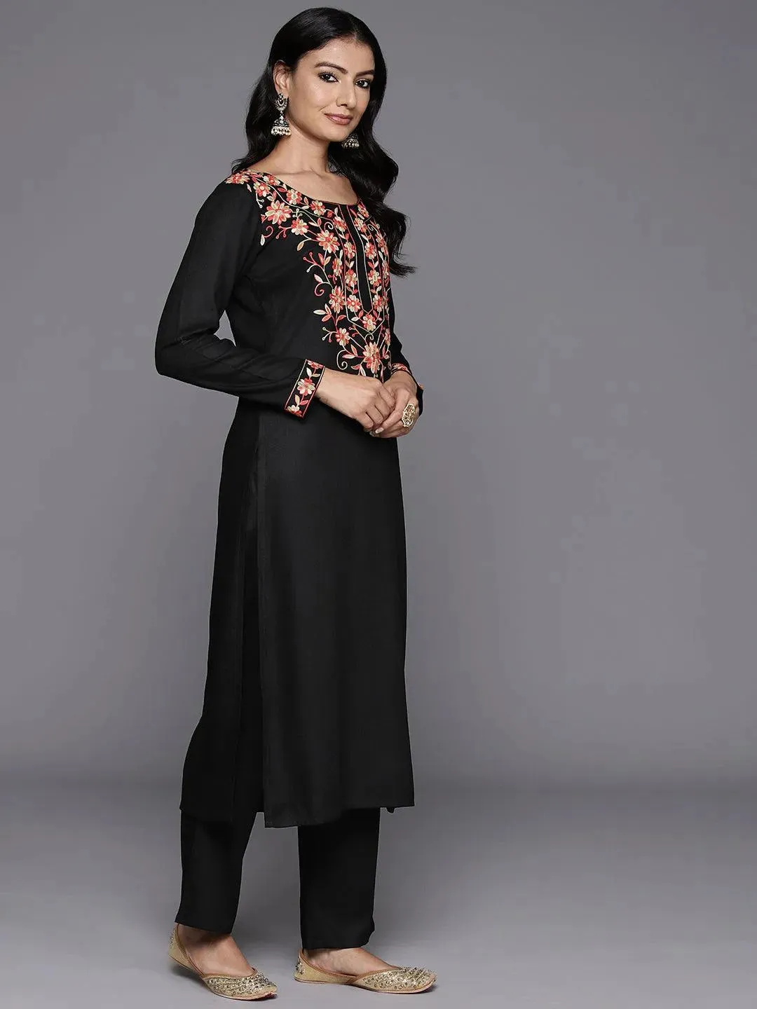 Black Yoke Design Wool Blend Straight Kurta Set