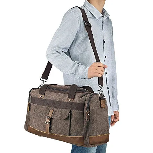 Bluboon Overnight Bag Canvas Genuine Leather 18.9"/7.9"/13.0" Vintage Travel Duffel Bags (Big