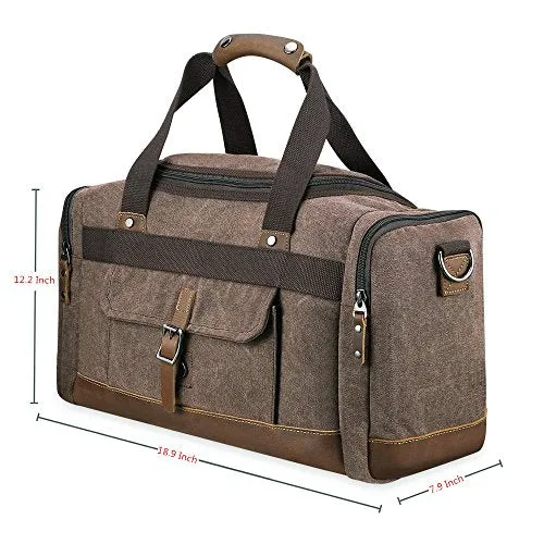 Bluboon Overnight Bag Canvas Genuine Leather 18.9"/7.9"/13.0" Vintage Travel Duffel Bags (Big
