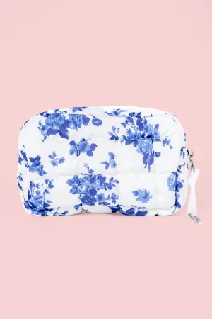 Blue Floral Quilted Puffy Cosmetic Bag SALE