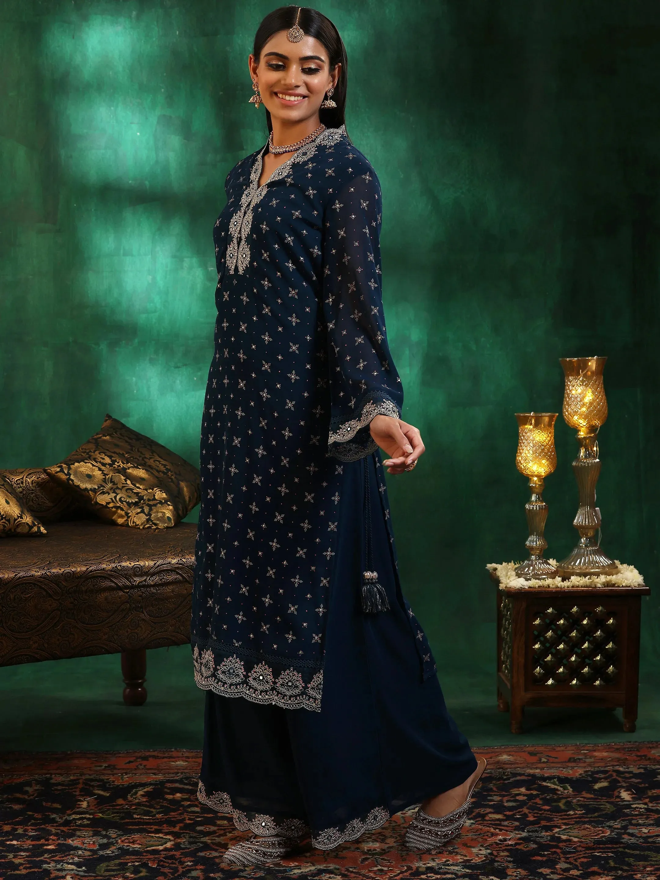 Blue Printed Georgette Straight Suit With Dupatta