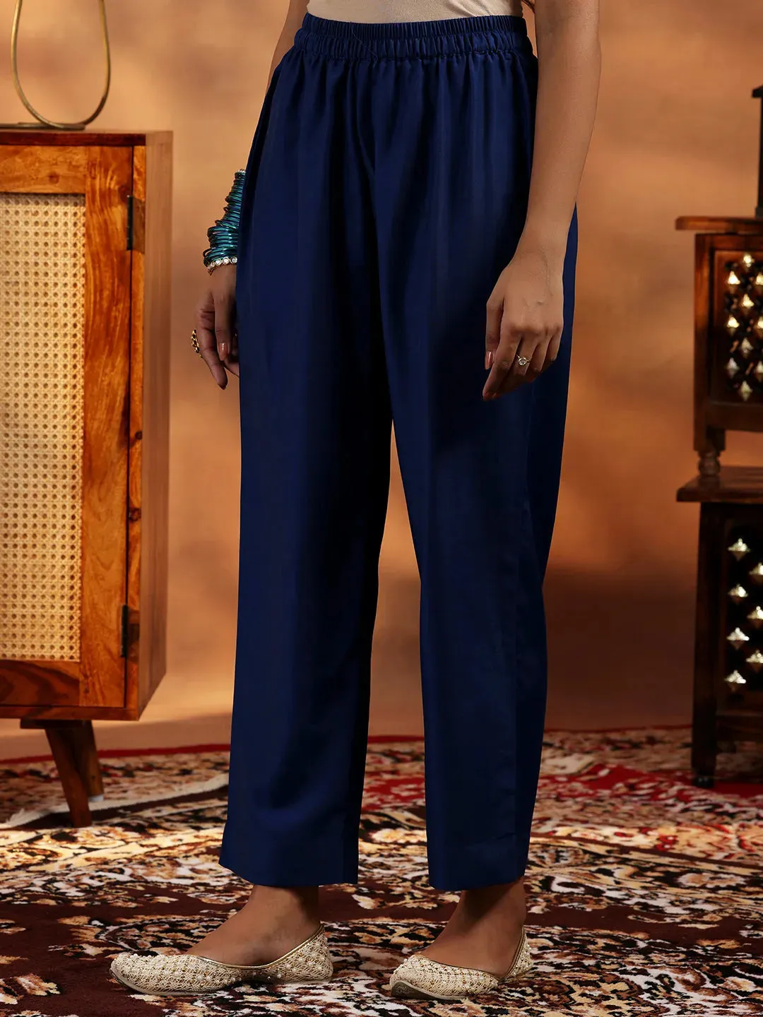 Blue Self Design Cotton Blend Straight Suit With Dupatta