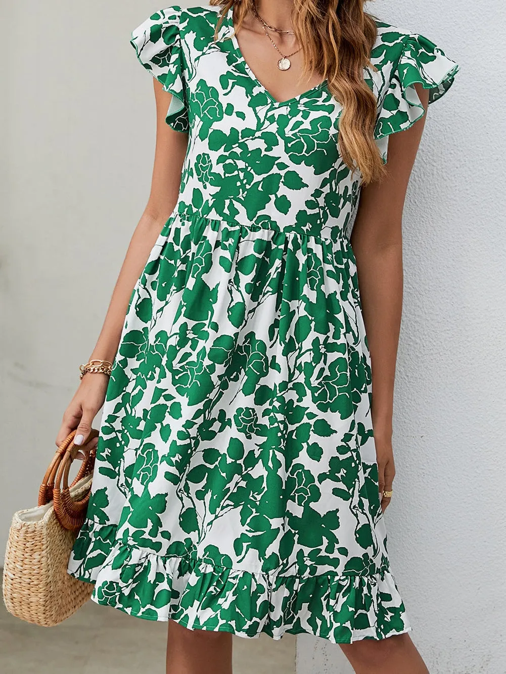 Bohemian Leaf Print Loose Pleated V-Neck Mini Dress with Fashionable Style