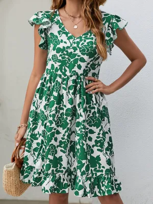 Bohemian Leaf Print Loose Pleated V-Neck Mini Dress with Fashionable Style