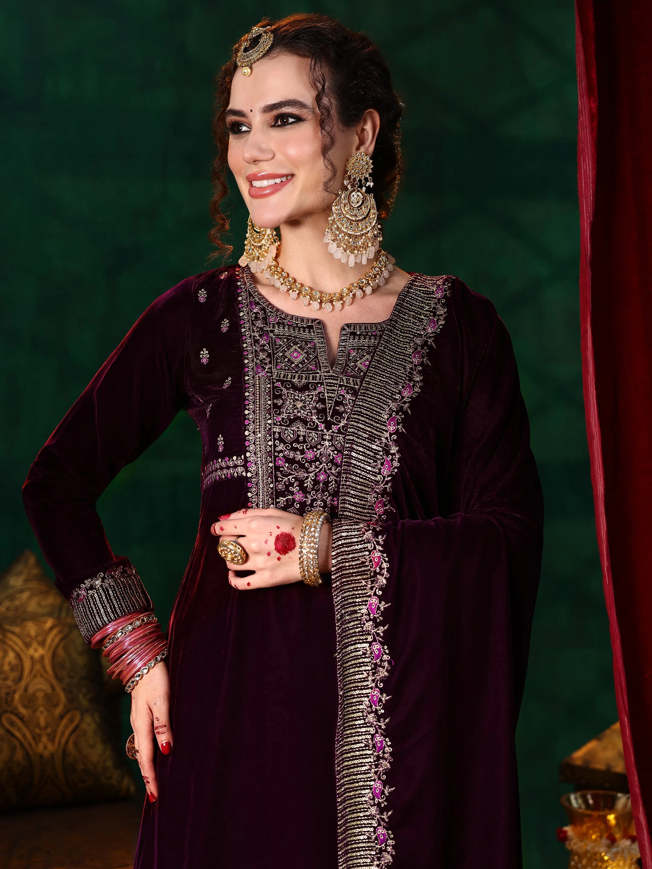 Burgundy Embroidered Velvet A-line Kurta  With Trousers & Dupatta