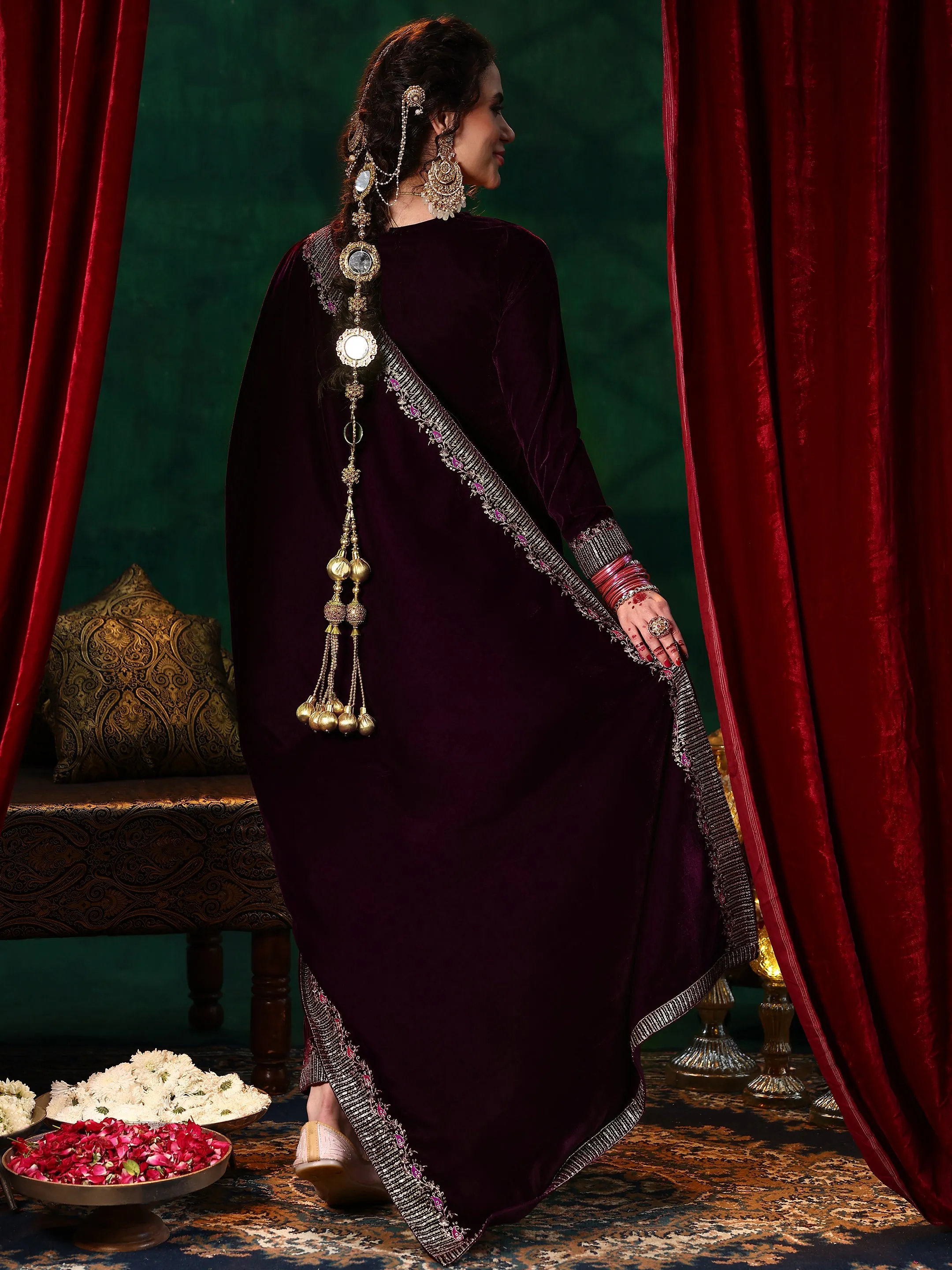 Burgundy Embroidered Velvet A-line Kurta  With Trousers & Dupatta