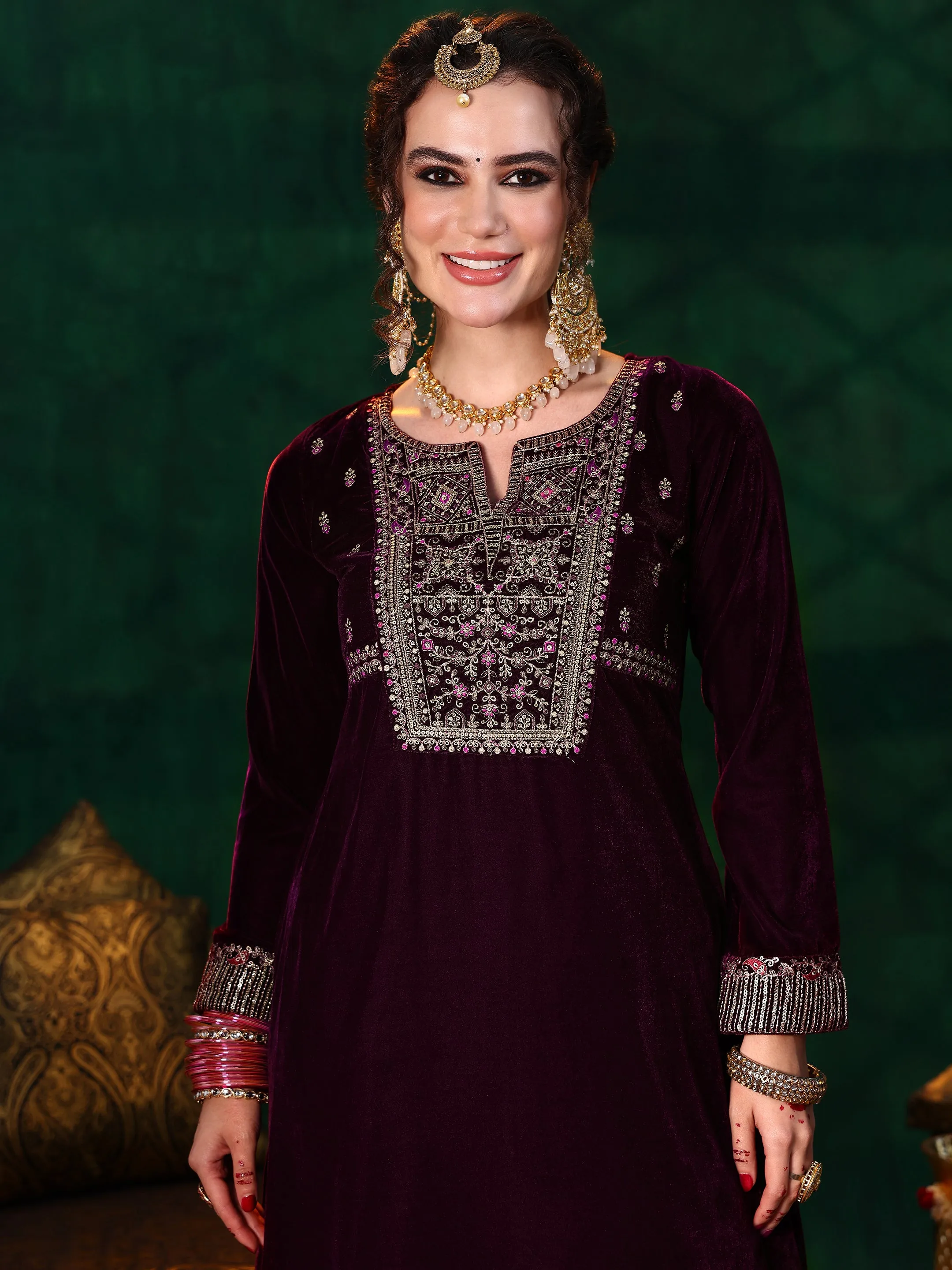 Burgundy Embroidered Velvet A-line Kurta  With Trousers & Dupatta