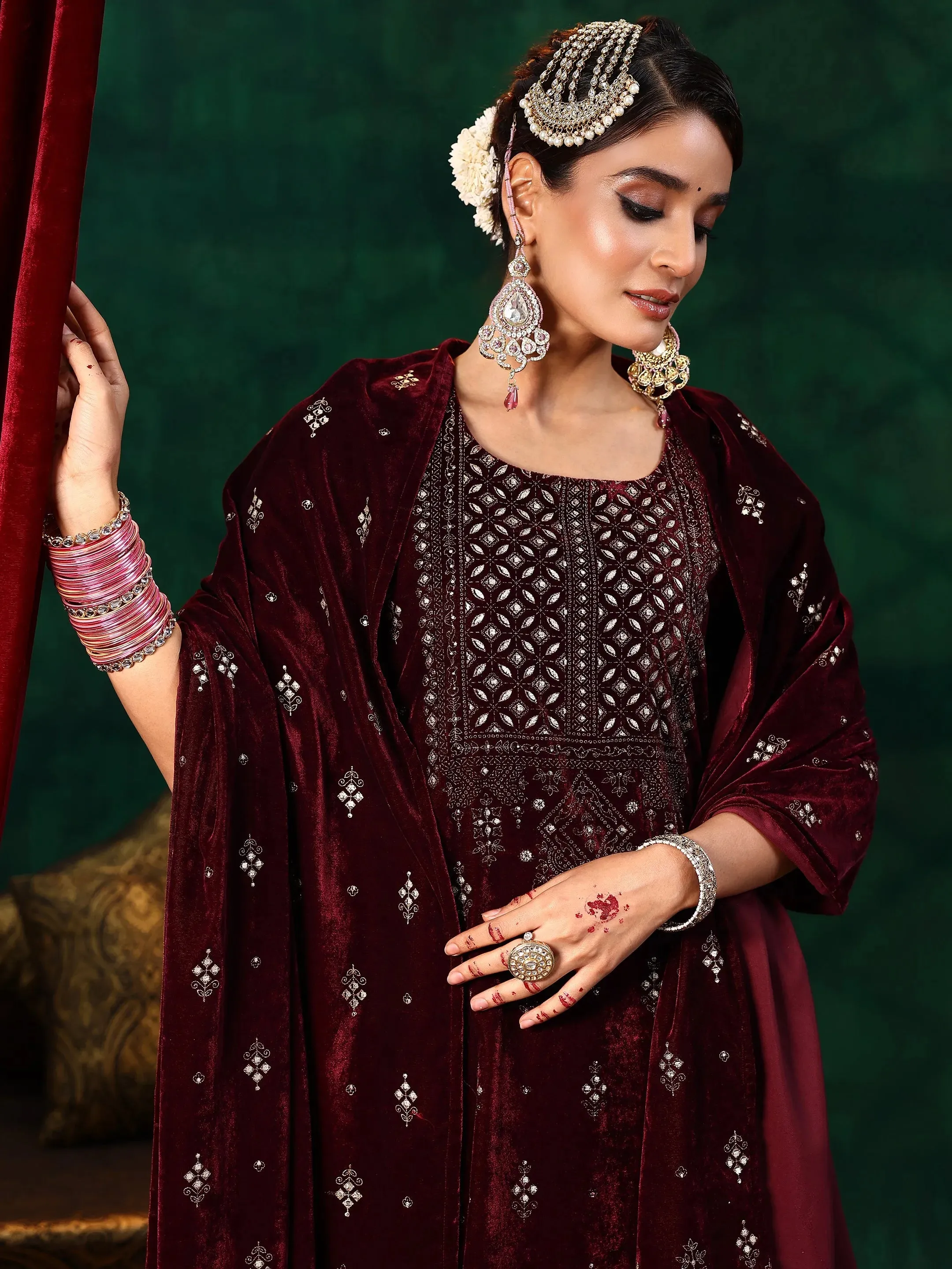Burgundy Embroidered Velvet Straight Suit With Dupatta