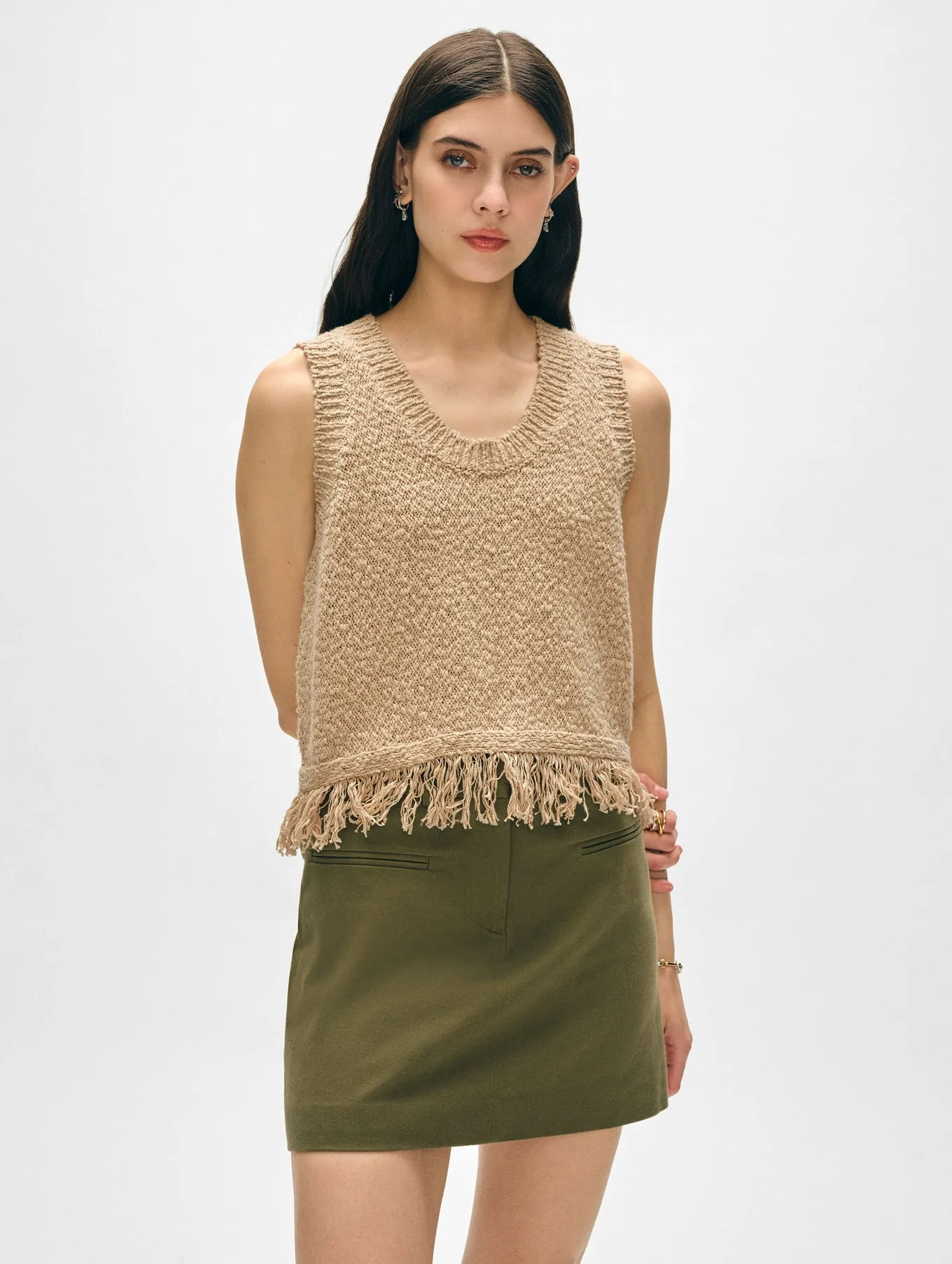 COTTON SLUB FRINGE TANK IN SABLE