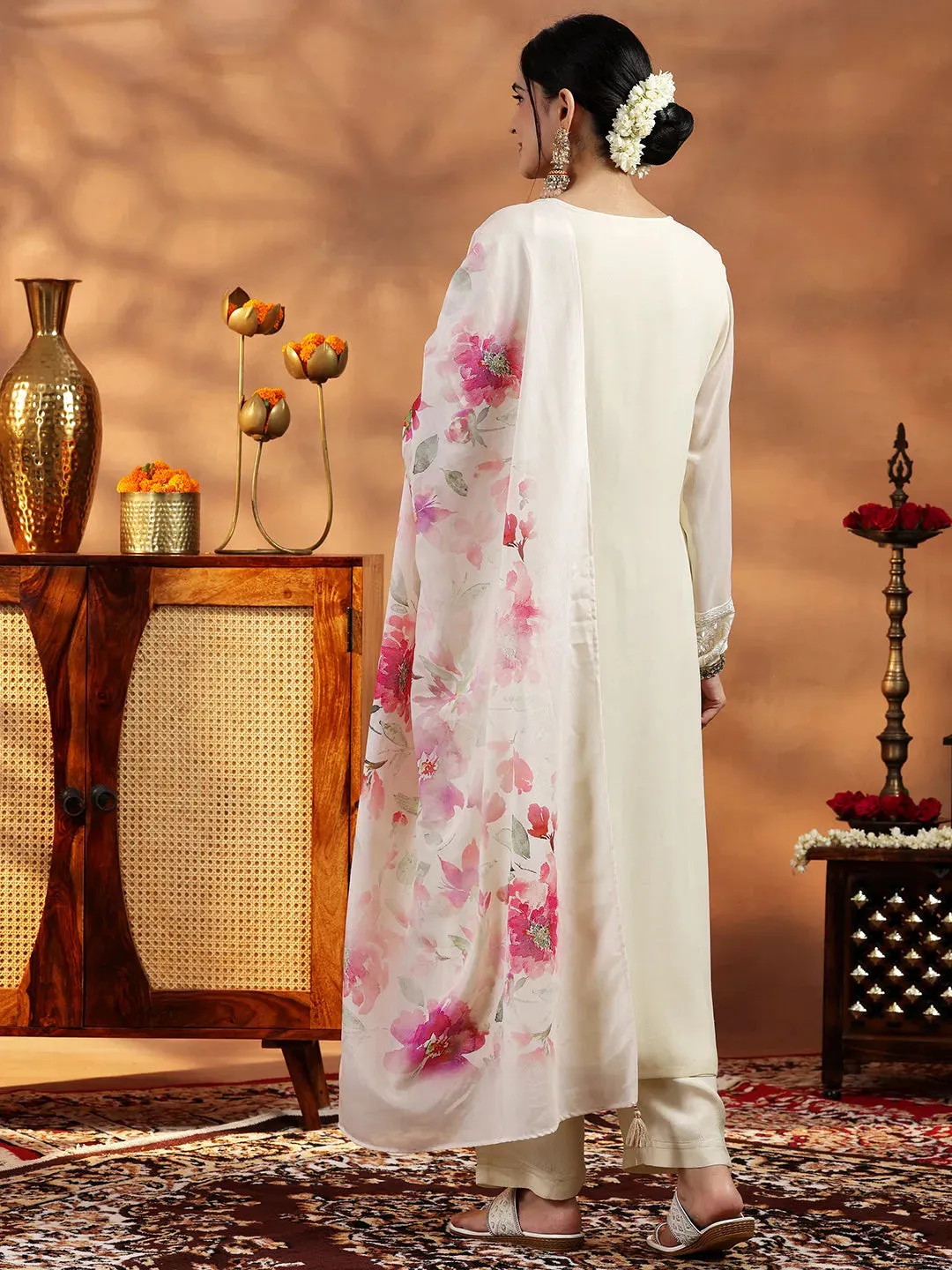 Cream Embroidered Georgette Straight Suit With Dupatta