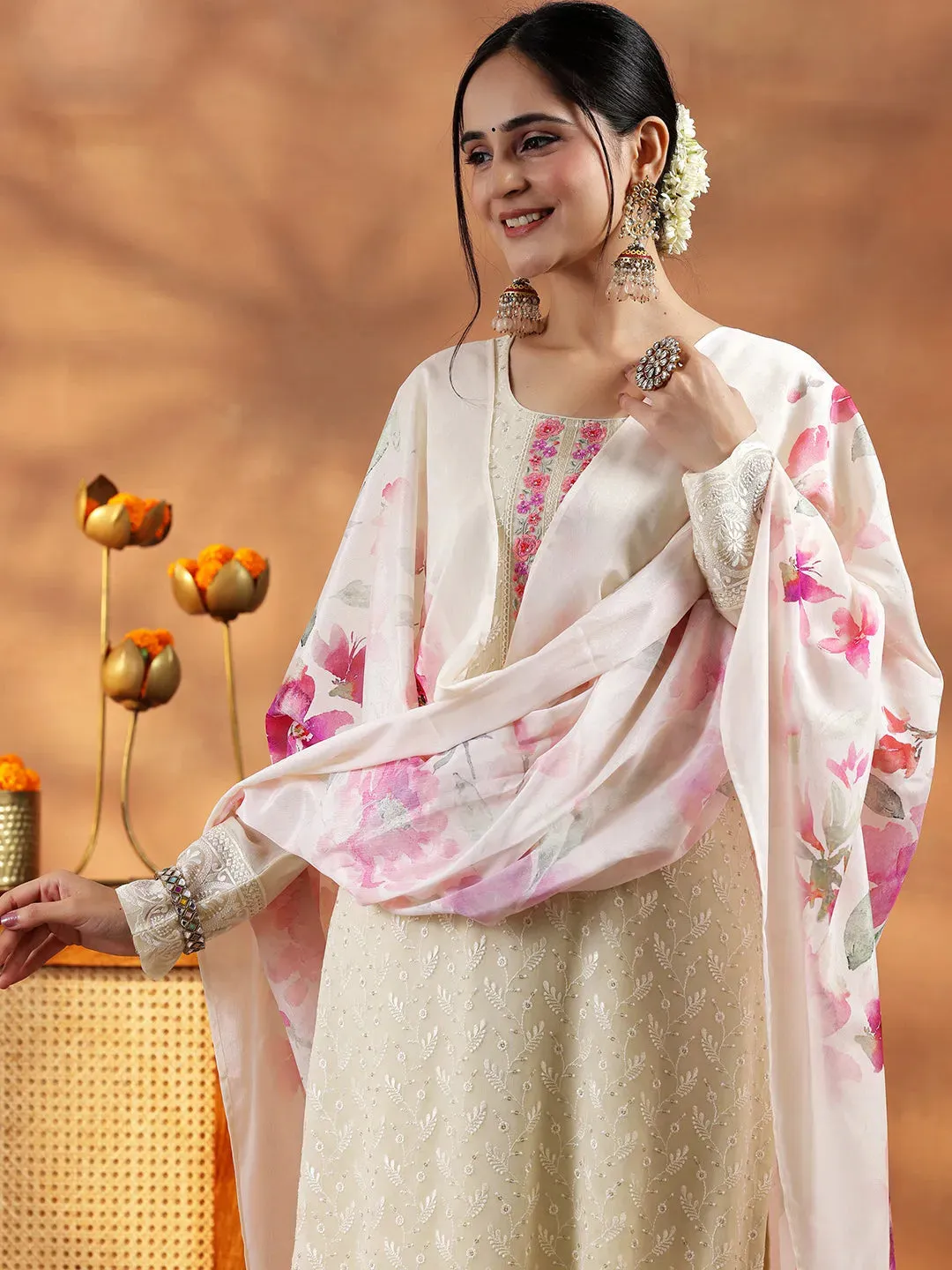 Cream Embroidered Georgette Straight Suit With Dupatta