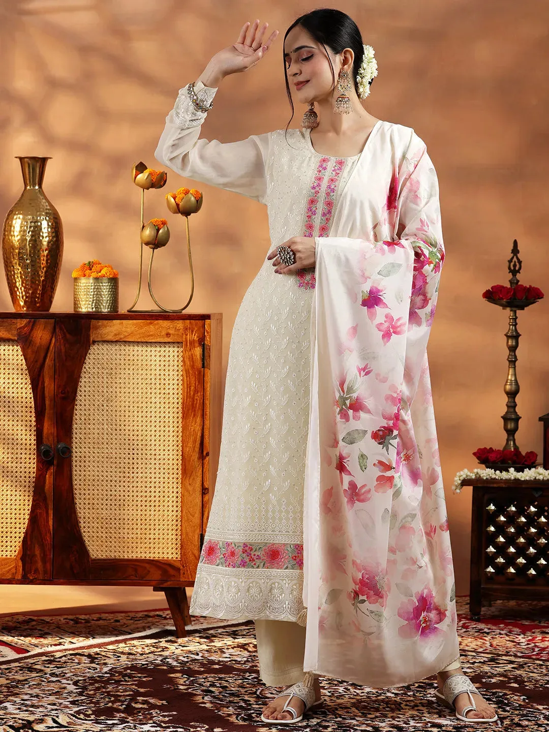 Cream Embroidered Georgette Straight Suit With Dupatta