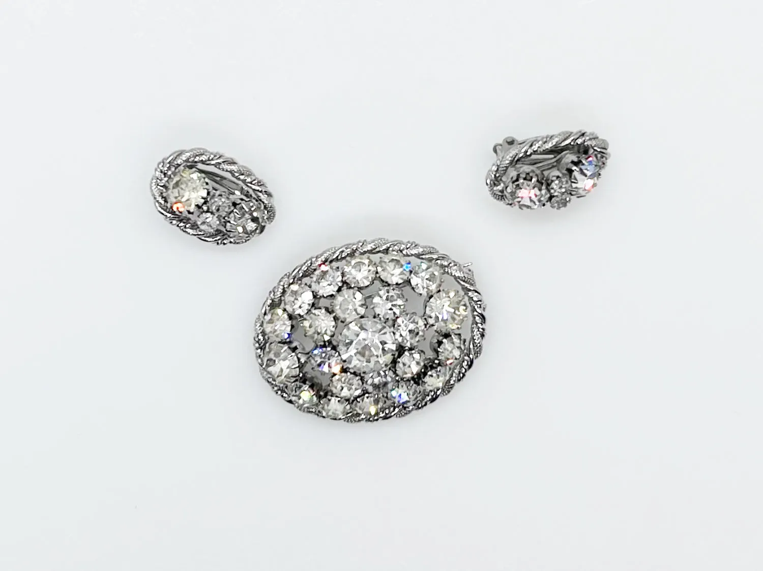 Domed Oval Rhinestone Vintage Brooch and Earrings Set