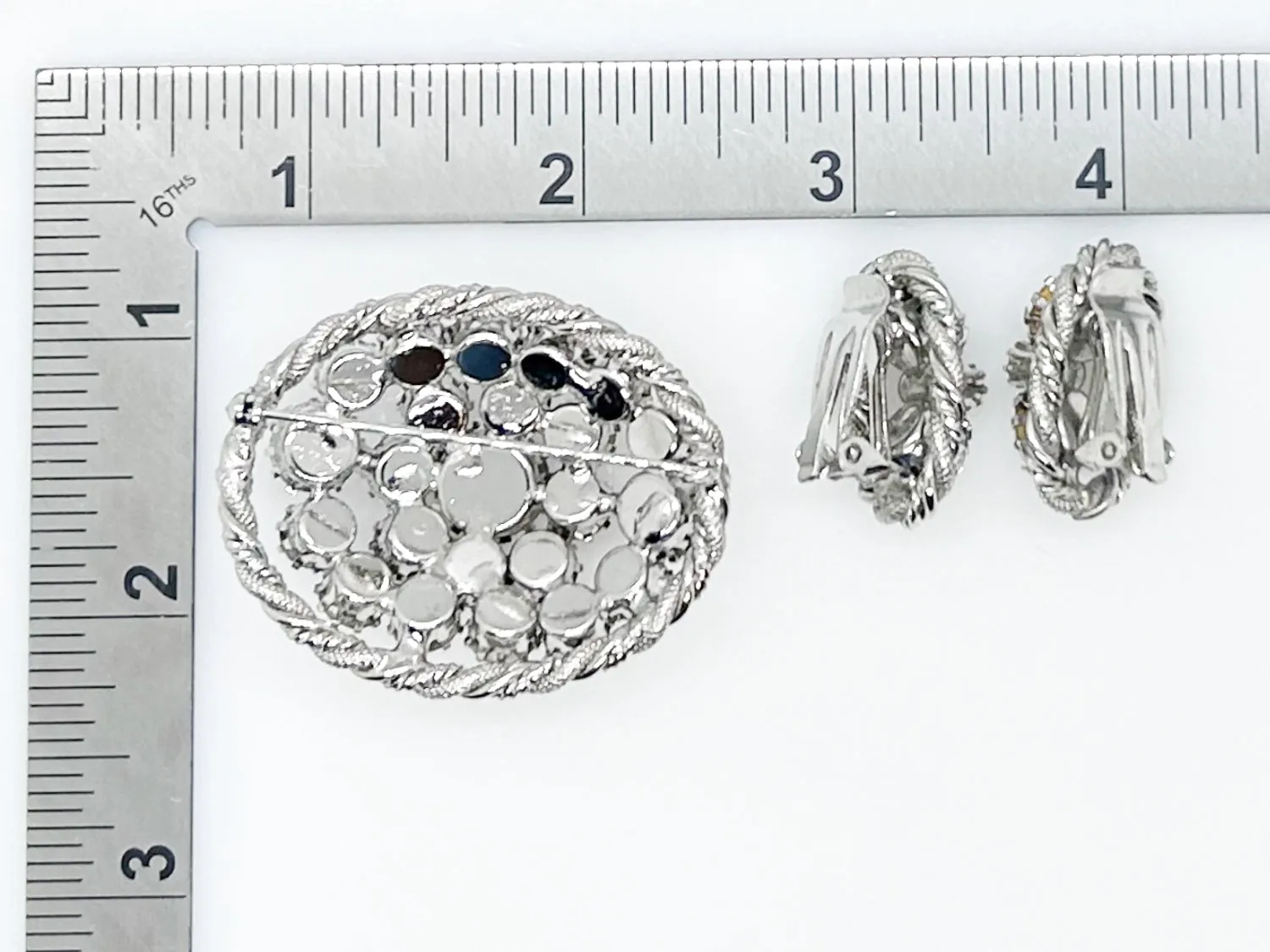 Domed Oval Rhinestone Vintage Brooch and Earrings Set
