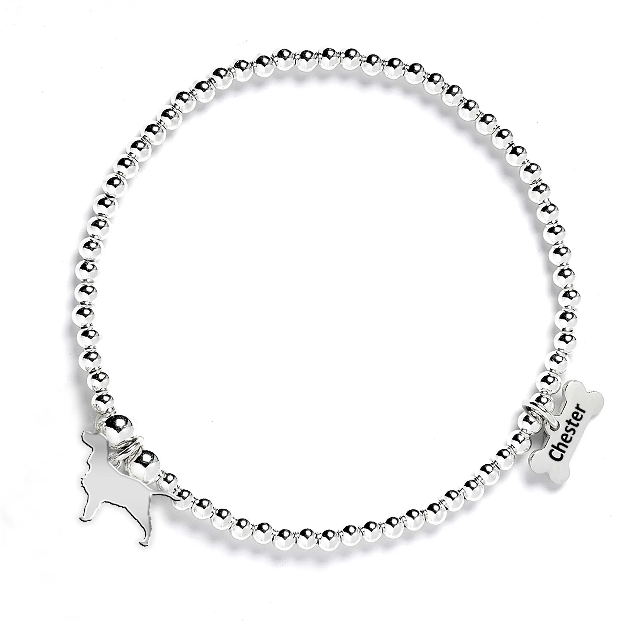 English Springer Spaniel Silhouette Silver Ball Bead Bracelet - Personalised