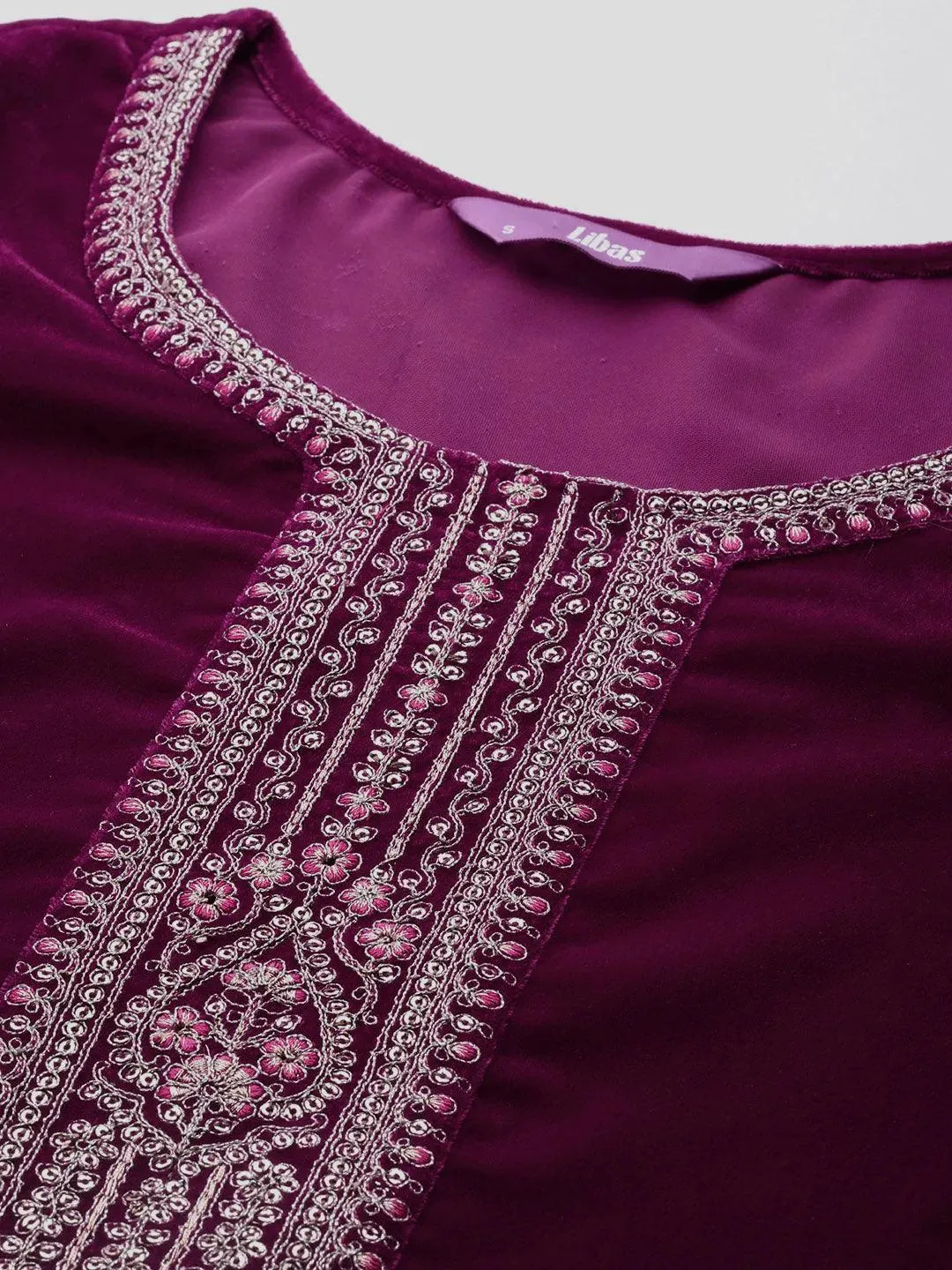 Fuchsia Yoke Design Velvet Straight Suit With Dupatta
