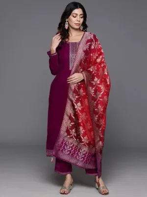 Fuchsia Yoke Design Velvet Straight Suit With Dupatta