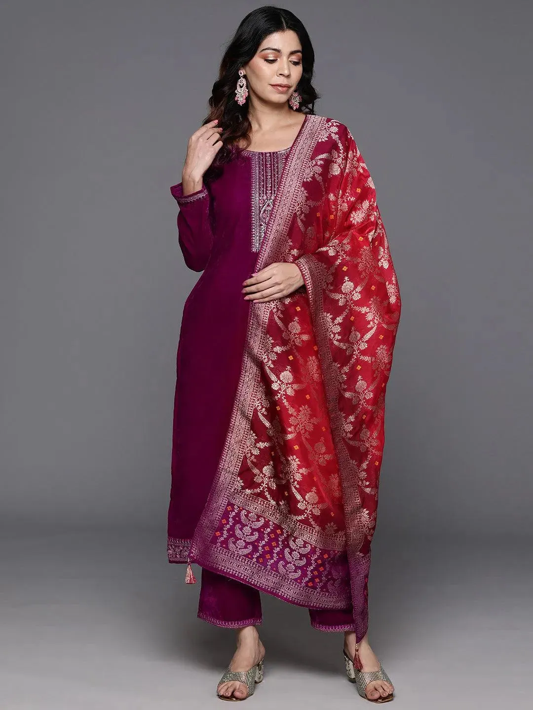 Fuchsia Yoke Design Velvet Straight Suit With Dupatta