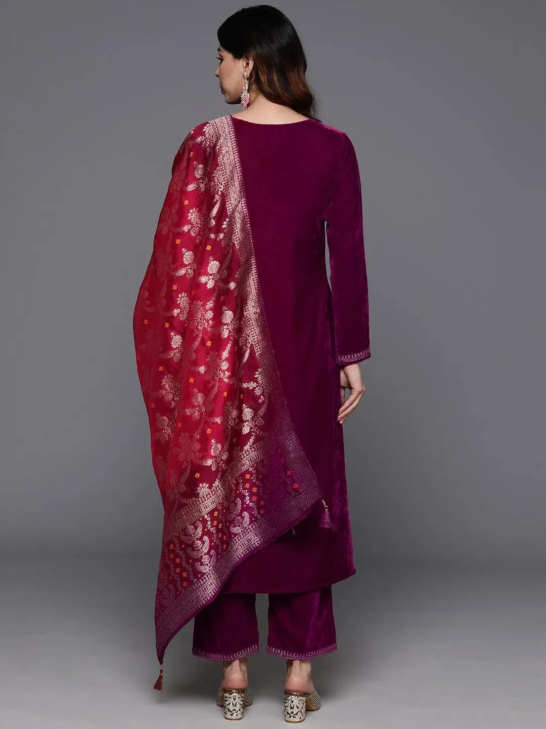 Fuchsia Yoke Design Velvet Straight Suit With Dupatta