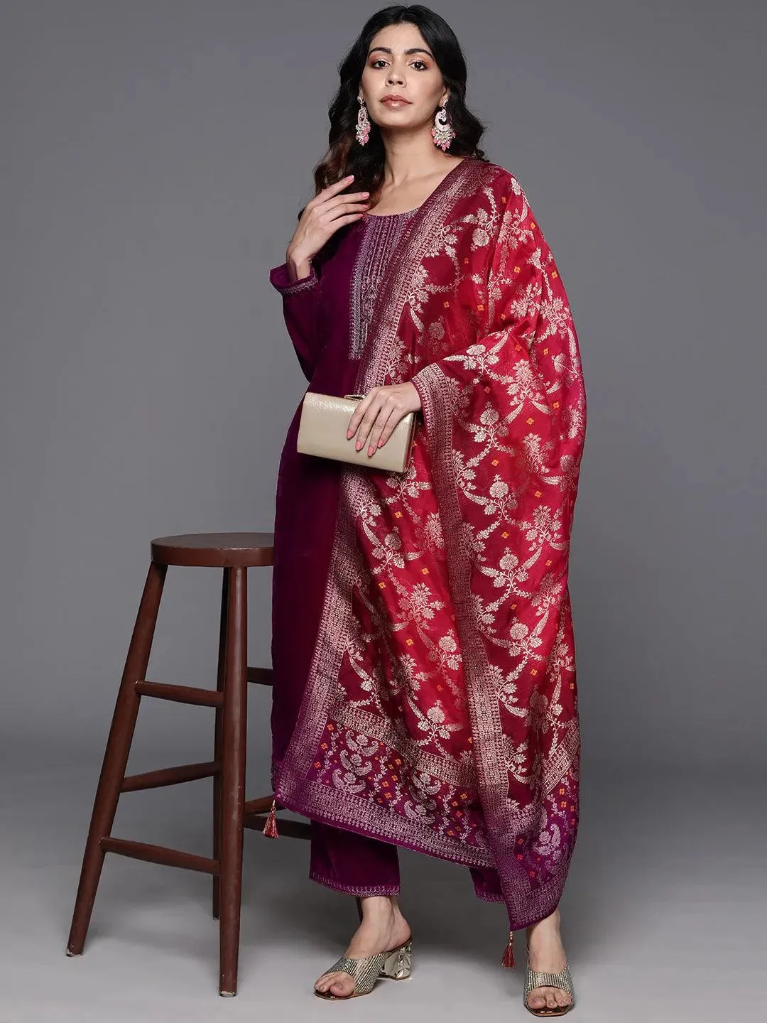 Fuchsia Yoke Design Velvet Straight Suit With Dupatta