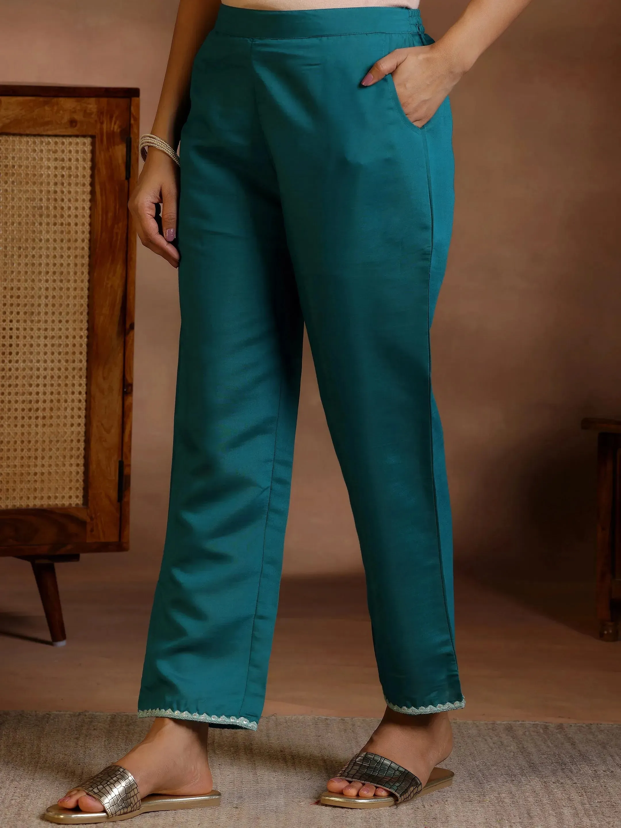Green Printed Silk Blend A-Line Kurta With Palazzos