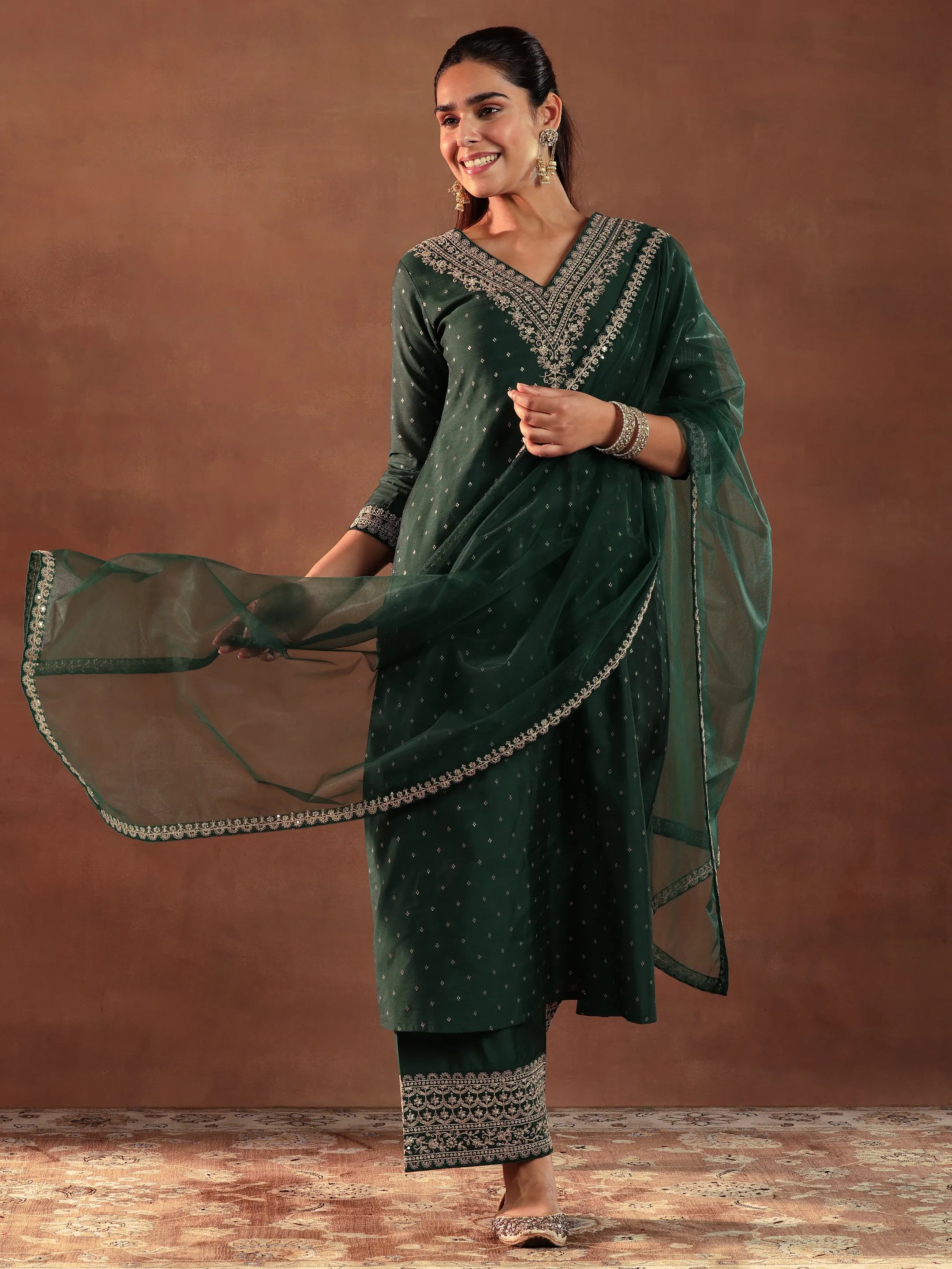Green Woven Design Chanderi Silk A-Line Kurta With Trousers & Dupatta