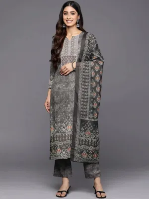 Grey Printed Crepe Straight Kurta With Trousers & Dupatta