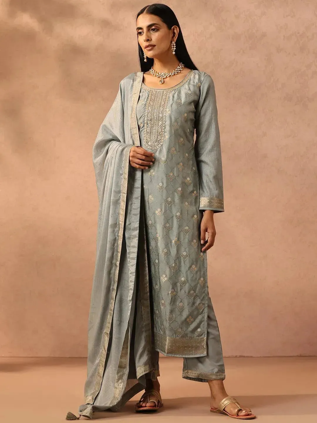 Grey Self Design Silk Blend Straight Kurta With Trousers & Dupatta
