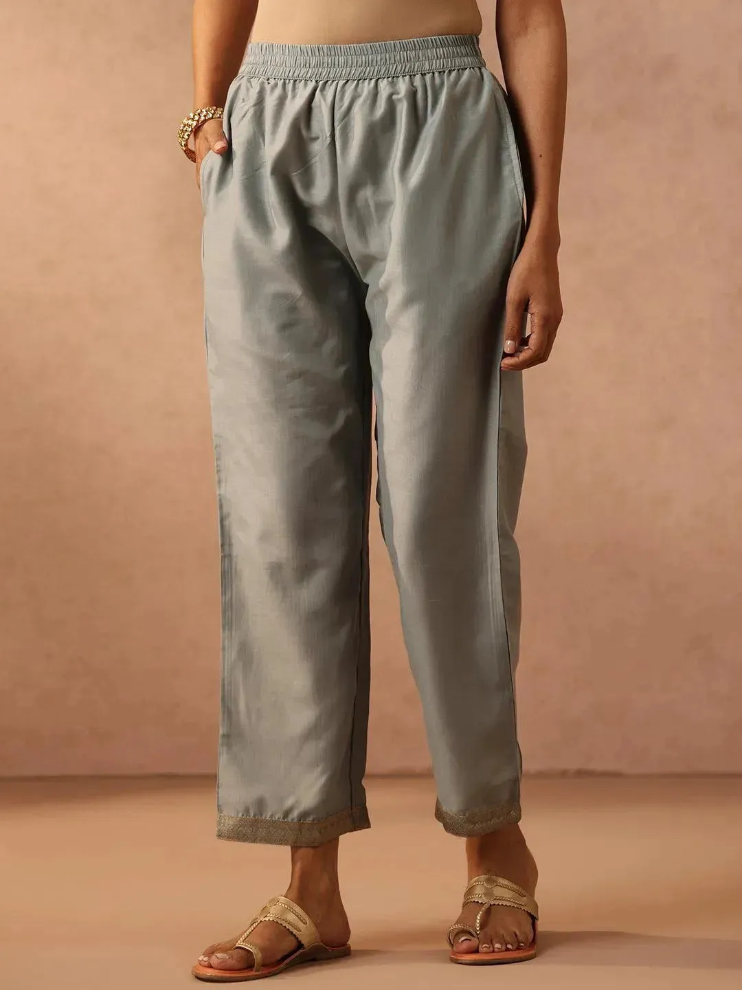 Grey Self Design Silk Blend Straight Kurta With Trousers & Dupatta