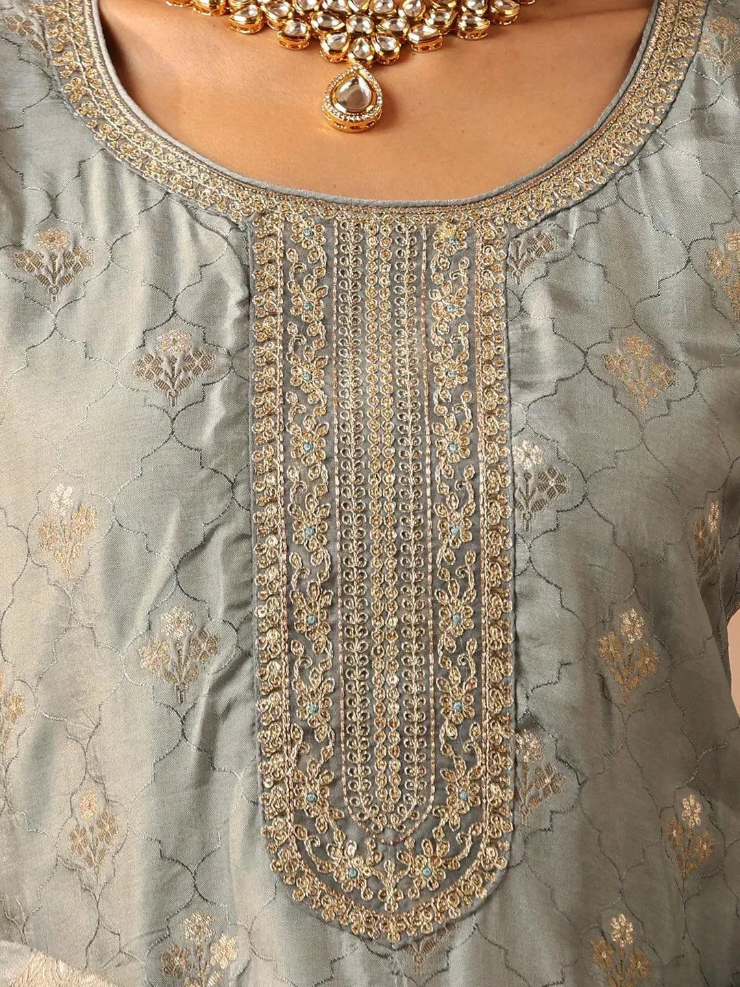 Grey Self Design Silk Blend Straight Kurta With Trousers & Dupatta