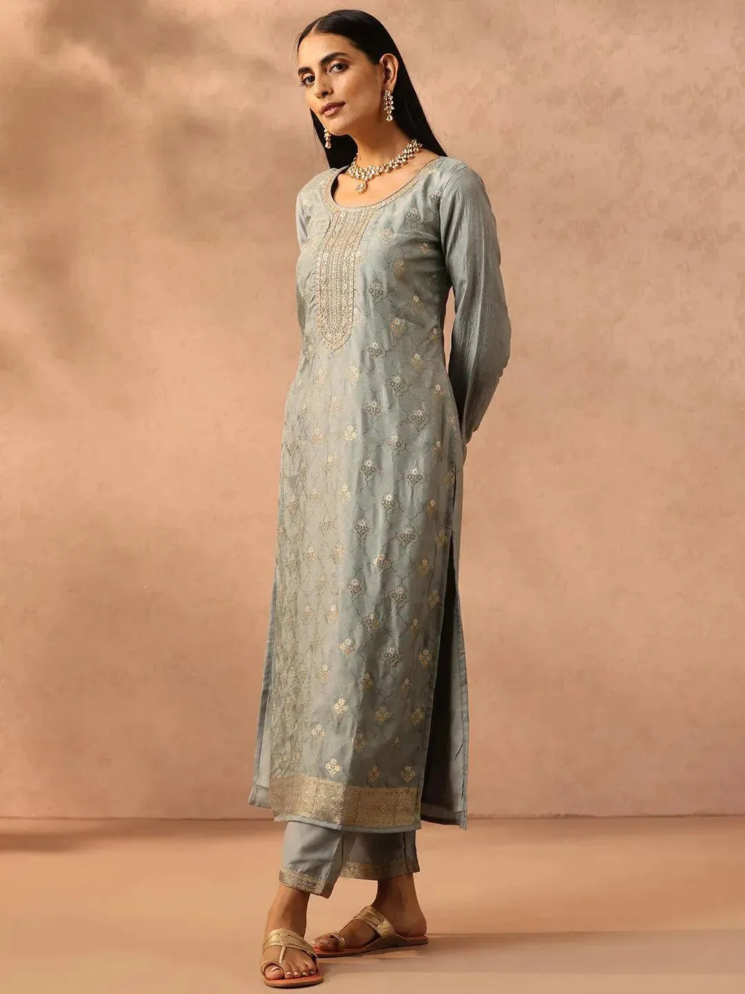 Grey Self Design Silk Blend Straight Kurta With Trousers & Dupatta