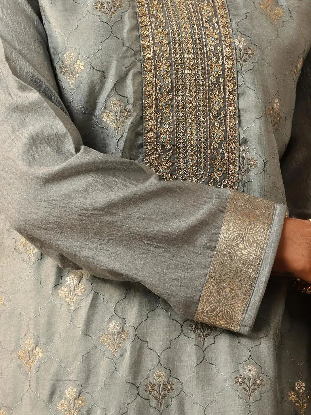 Grey Self Design Silk Blend Straight Kurta With Trousers & Dupatta