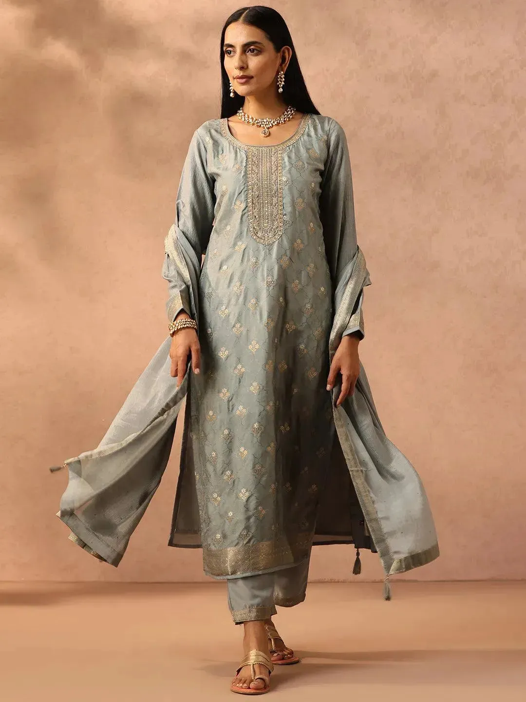 Grey Self Design Silk Blend Straight Kurta With Trousers & Dupatta