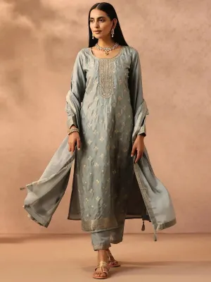 Grey Self Design Silk Blend Straight Kurta With Trousers & Dupatta