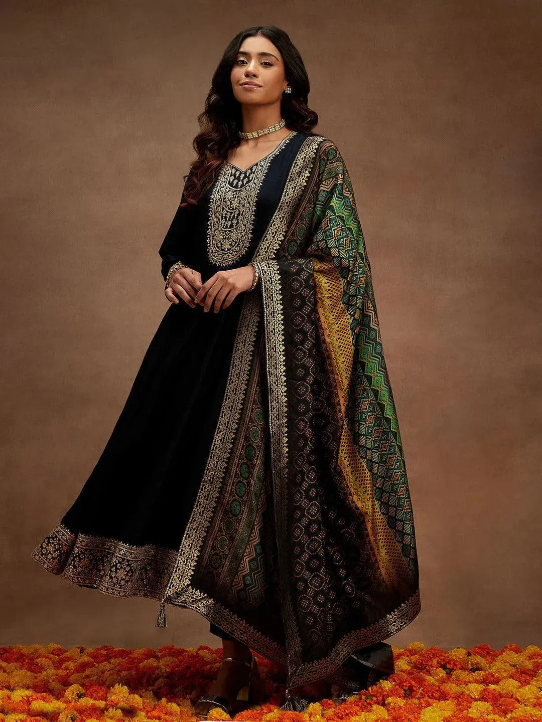Grey Yoke Design Silk Blend Anarkali Suit With Dupatta
