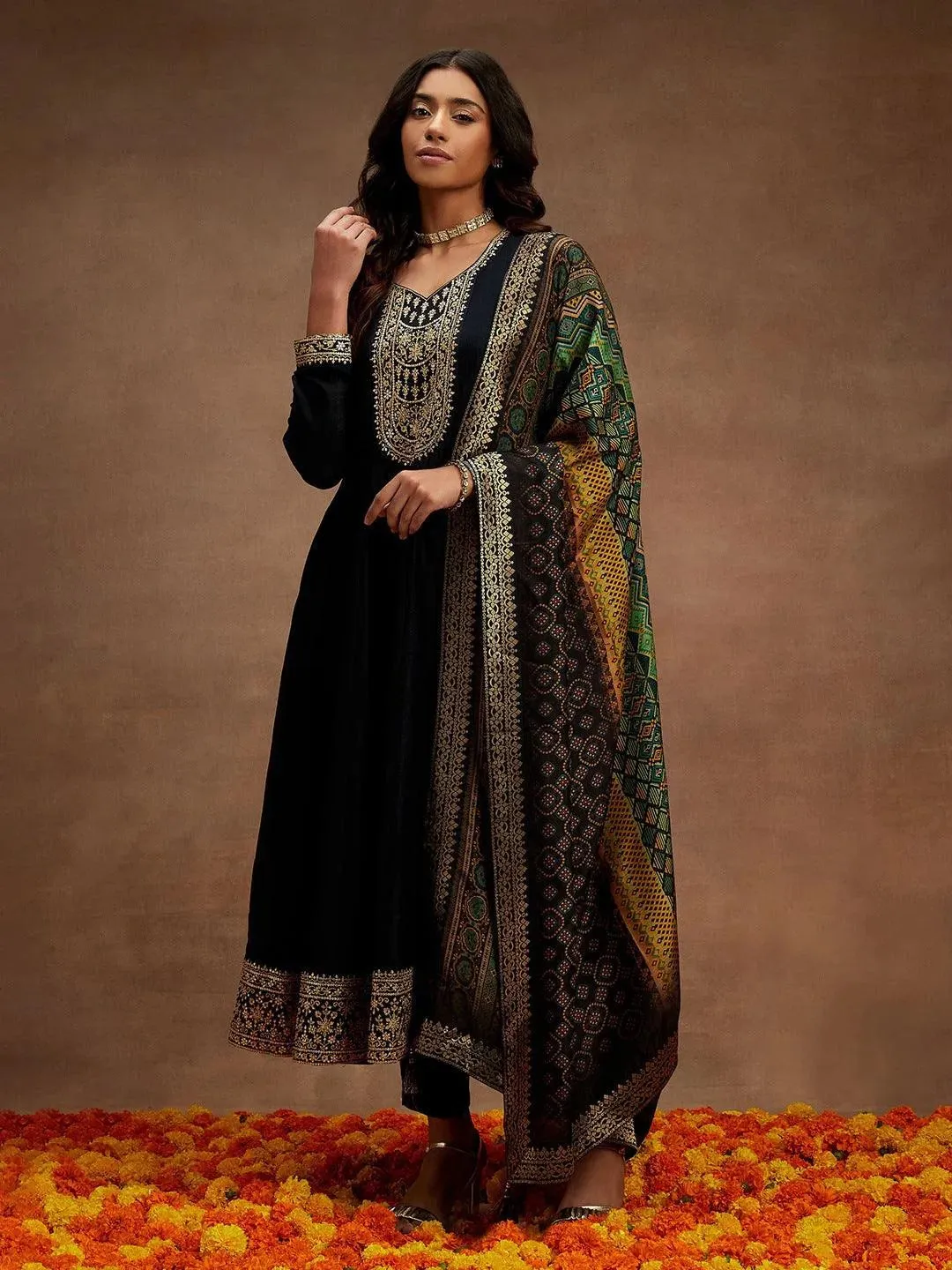 Grey Yoke Design Silk Blend Anarkali Suit With Dupatta