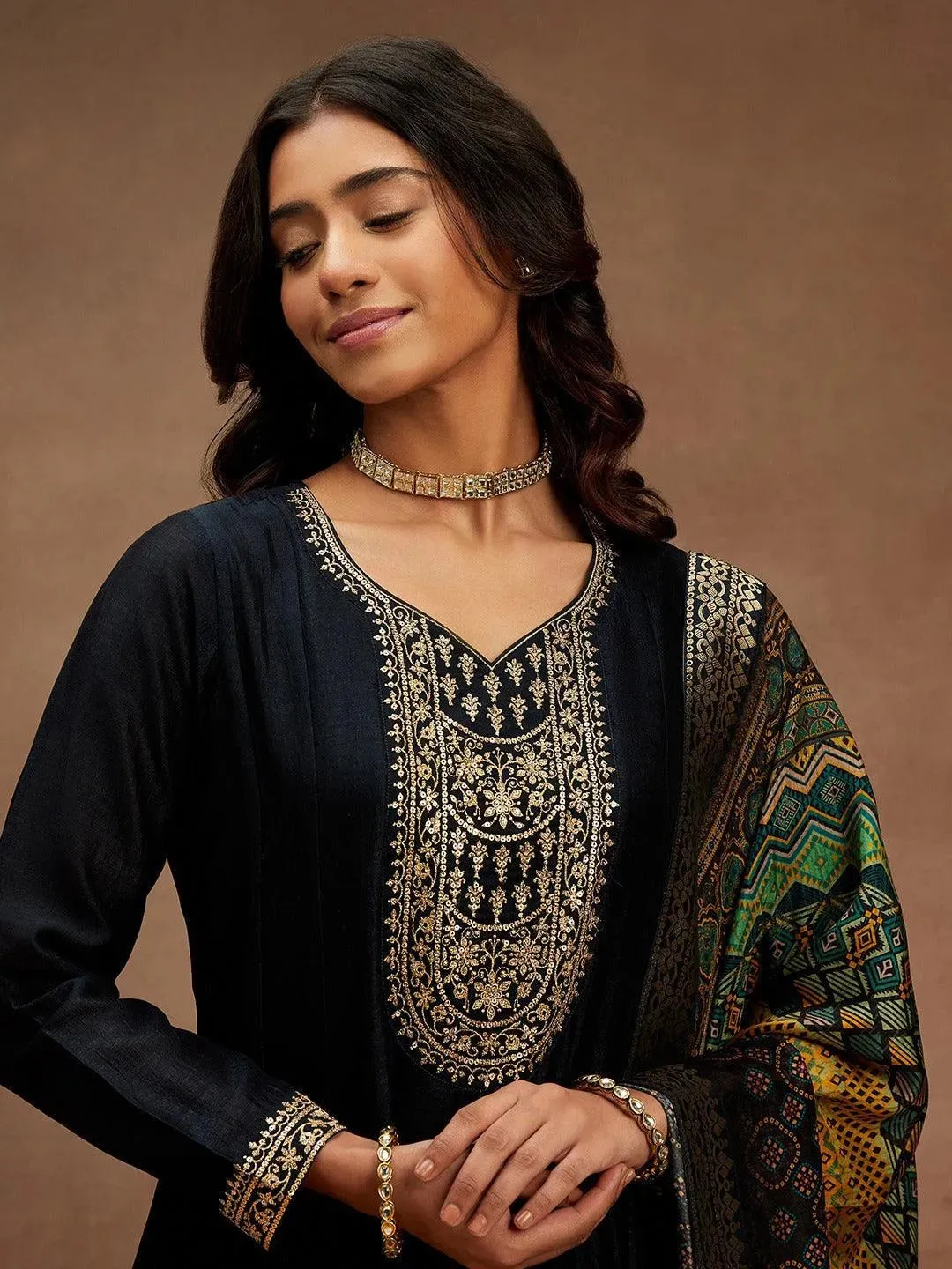 Grey Yoke Design Silk Blend Anarkali Suit With Dupatta