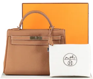 Herms Kelly 32 Gold Togo Leather with Palladium Hardware Handbag