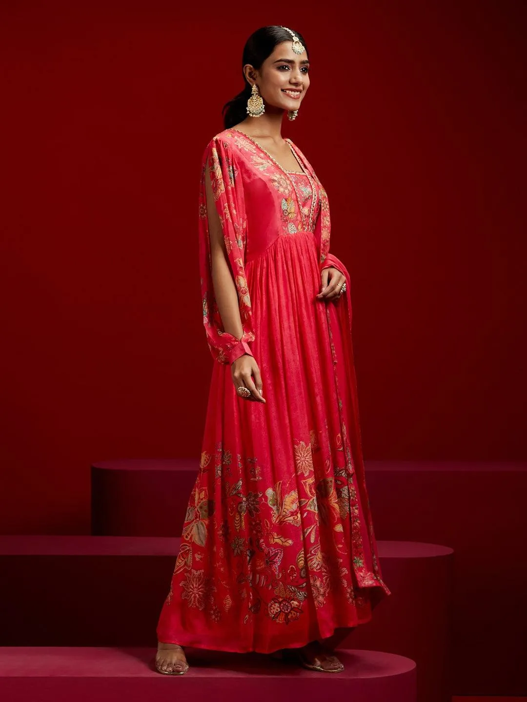 Jashvi Art Coral Printed Silk Anarkali Suit With Dupatta