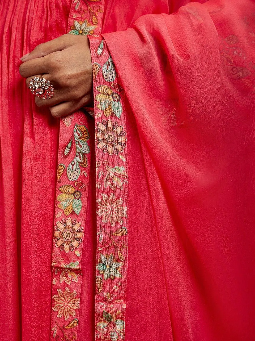 Jashvi Art Coral Printed Silk Anarkali Suit With Dupatta