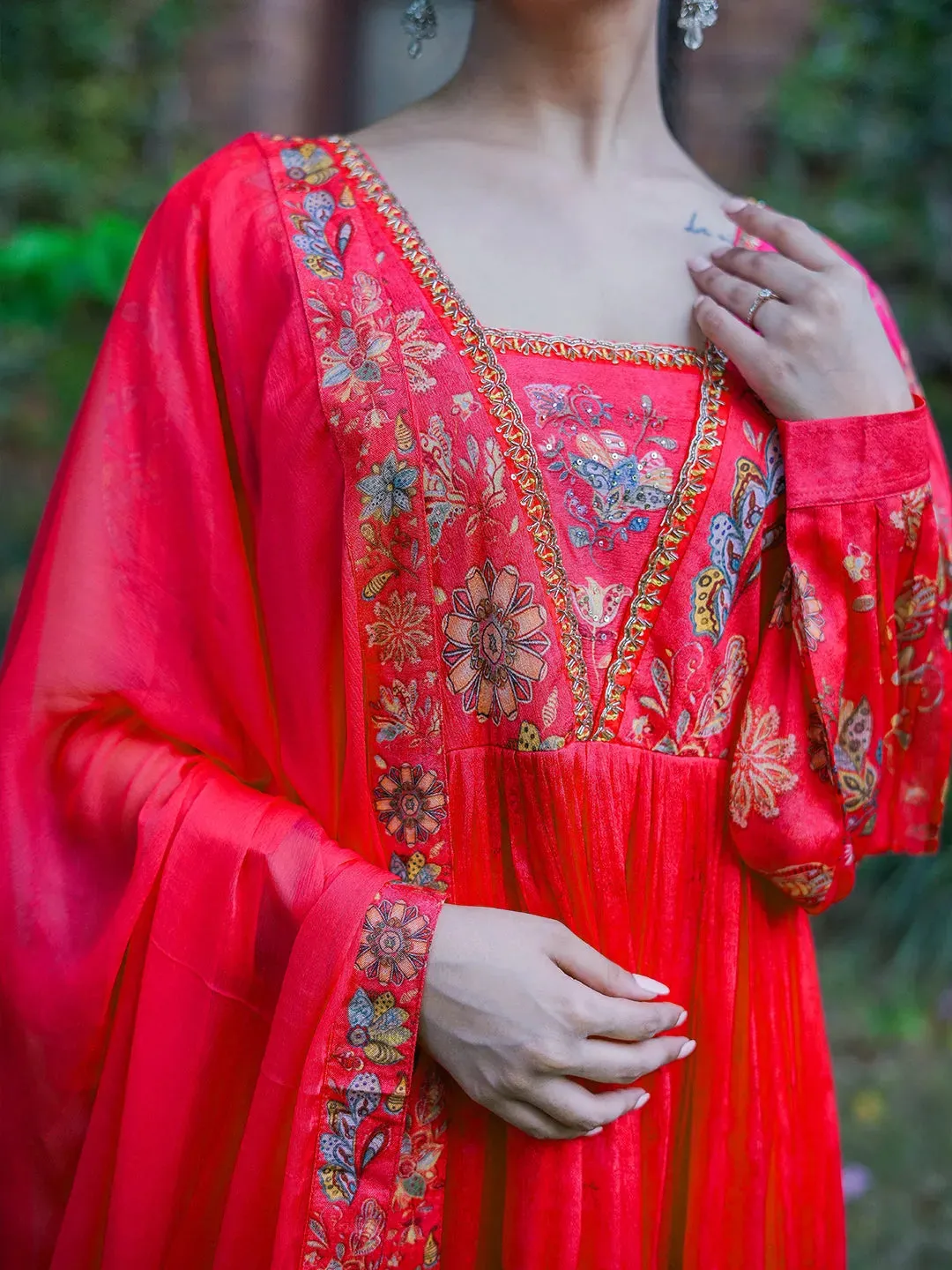 Jashvi Art Coral Printed Silk Anarkali Suit With Dupatta